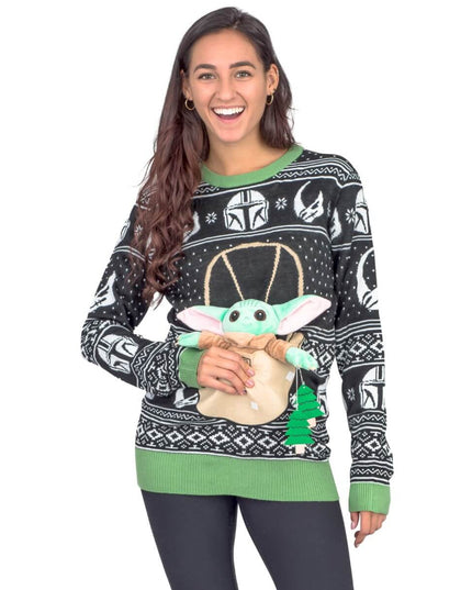 Women's Star Wars Baby Yoda Forces Trees Christmas Sweater