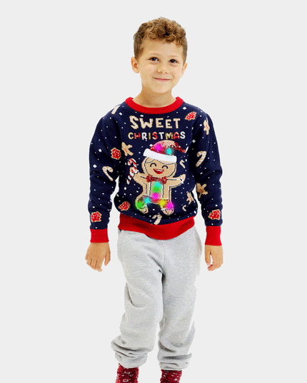 Kids Christmas Sweater Blue with Light-Up Gingerbread