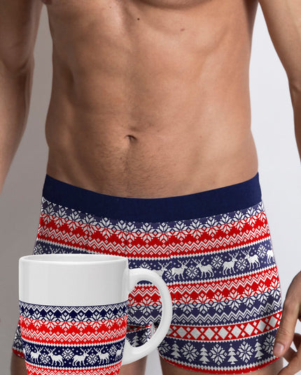 Blue and Red Christmas Boxers for Men with Reindeer and Mug