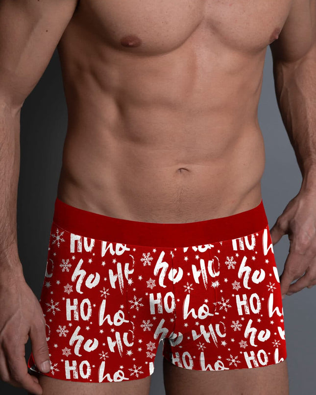Røde juleshorts til mænd med Ho Ho Ho design