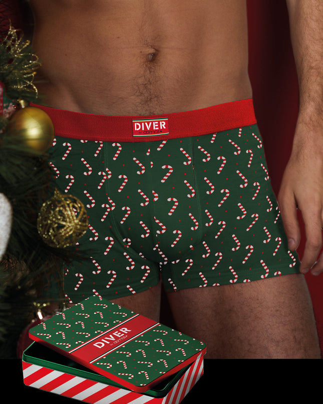 Grønne juleboxershorts til mænd med slikstokke og gaveæske