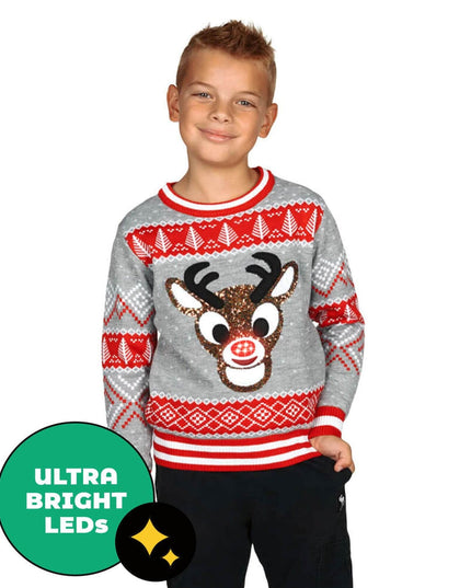 Boy's Sequin Rudolph Light Up Ugly Christmas Sweater
