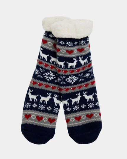 Blue Christmas Slipper Socks - Reindeer and Hearts Design