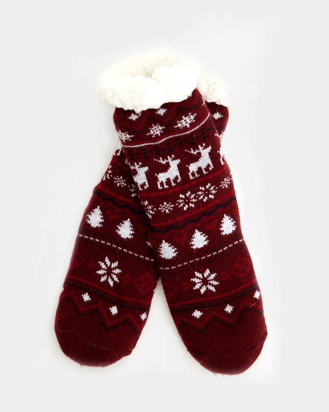 Maroon Christmas Slipper Socks with Reindeer