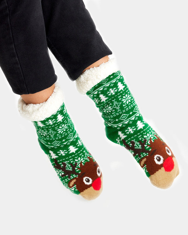Green Christmas Slipper Socks with Trees and Reindeer