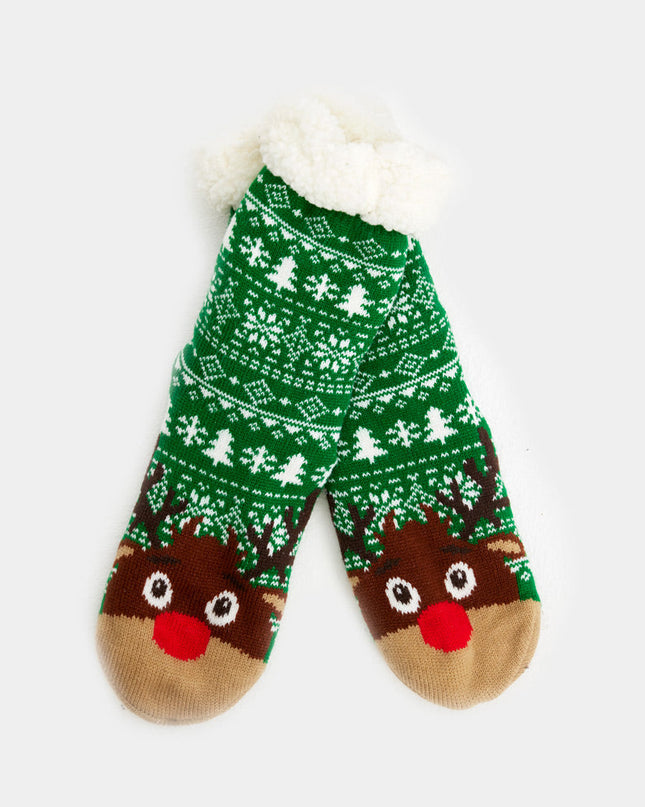 Green Christmas Slipper Socks with Trees and Reindeer