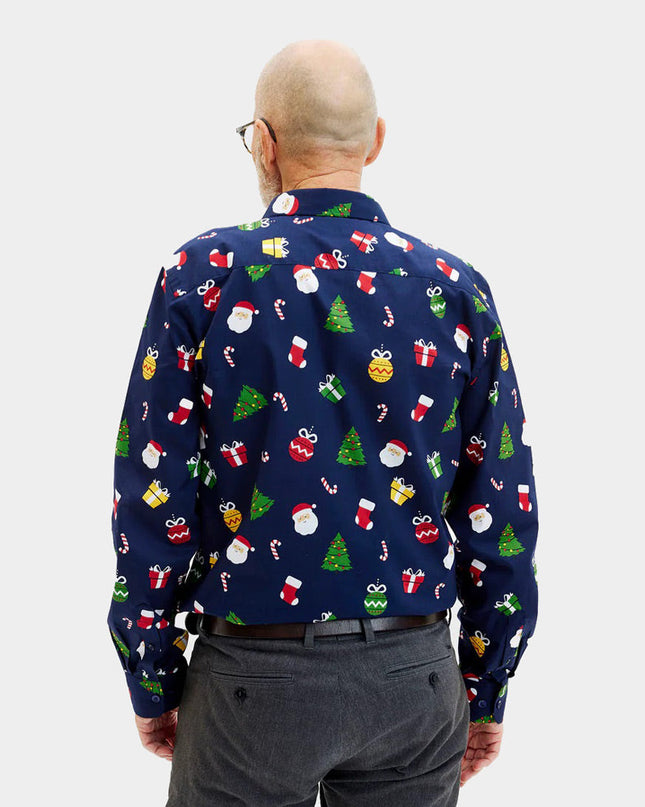Blue Men's Christmas Shirt with Organic Cotton and Patterns