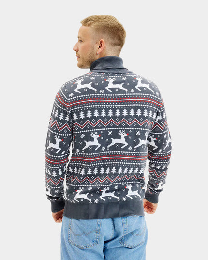 Men's Organic Cotton Grey Roll Neck Reindeer Sweater