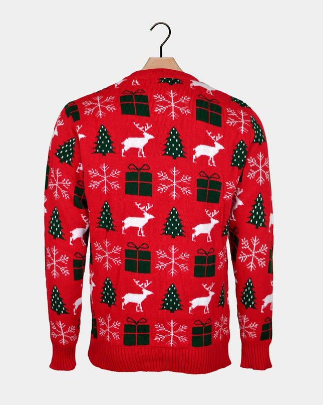 Red Christmas Sweater with Reindeer, Gifts, and Trees