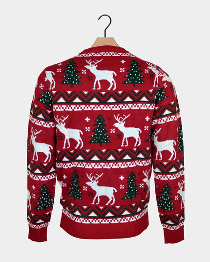 Red Couples Christmas Sweater with Christmas Trees and Reindeer