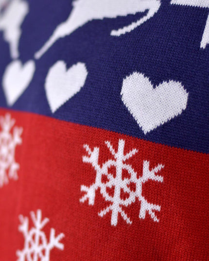Suéter de Navidad Familiar con Renos en Corazones Azules y Rojos