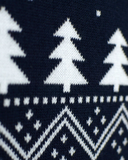 Men's Blue Sweater with Trees, Snowmen, and Santa