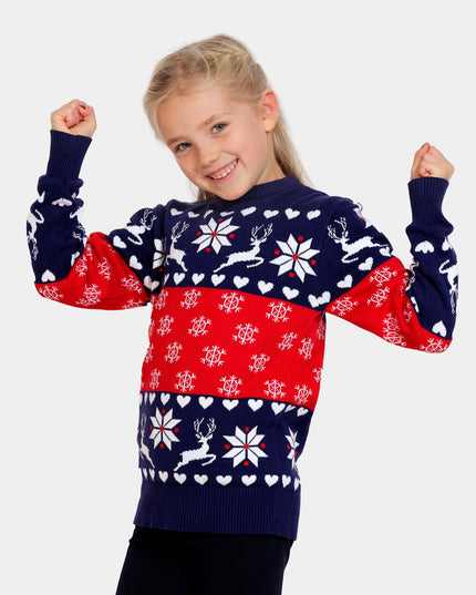 Blue and Red Christmas Sweater for Men with Reindeer and Hearts