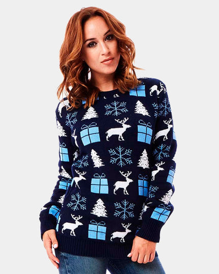 Blue Christmas Sweater for Men with Reindeer and Gifts
