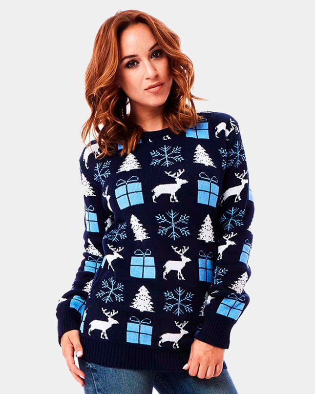Blue Christmas Sweater for Men with Reindeer and Gifts