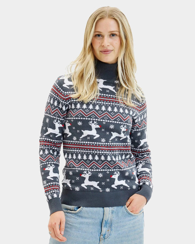 Gray Rolled Neck Christmas Sweater for Couples with Reindeer