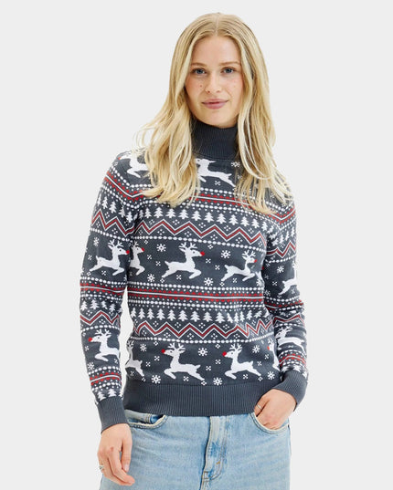 Suéter de Navidad Gris con Cuello Alto para Parejas con Renos