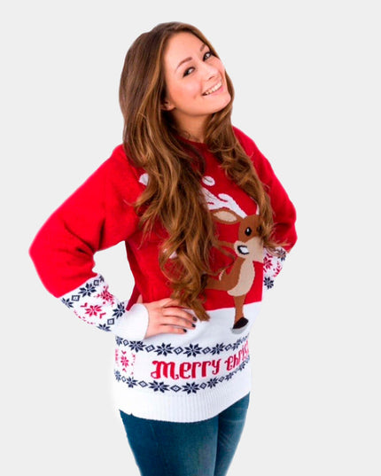 Jersey navideño rojo para parejas con renos patinando