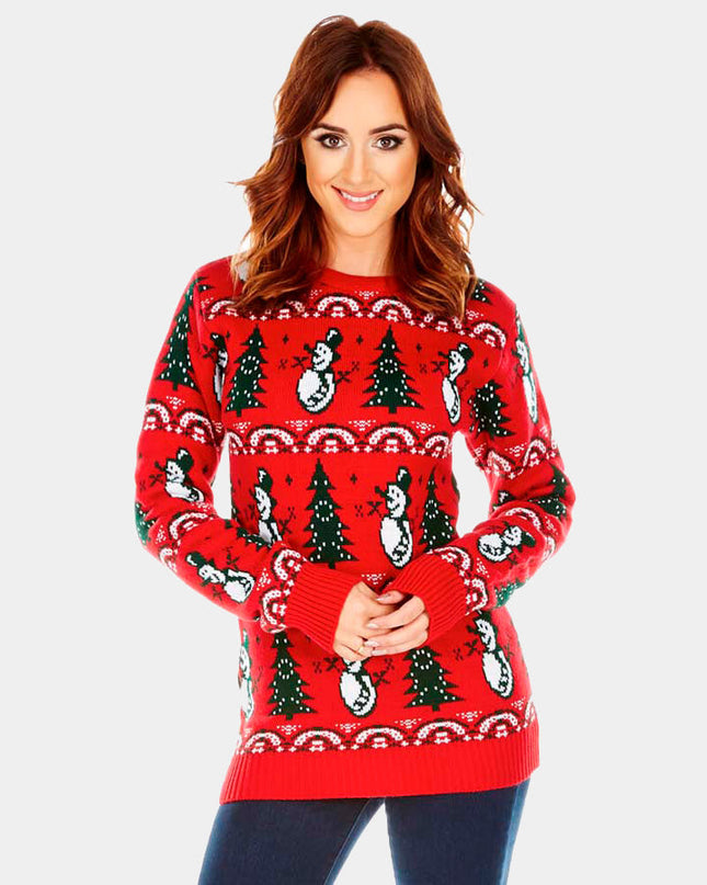 Couple's Christmas Sweater Red with Trees and Snowmen