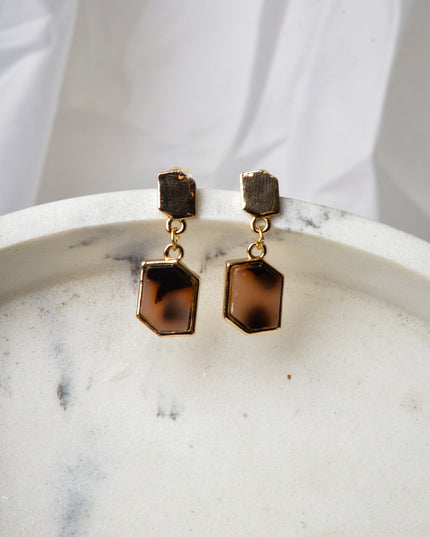 Brown Hexagon Marble Earrings