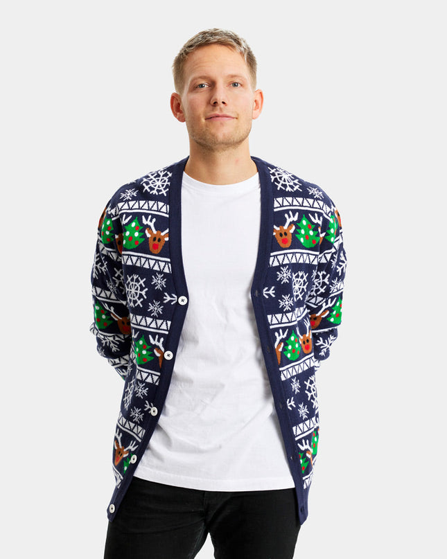 Blue Cardigan Christmas Sweater with Reindeer and Trees