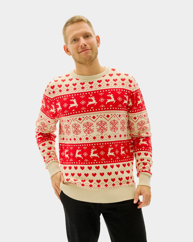 Marius Couples Christmas Sweater in Red Hearts and Organic Beige Cotton