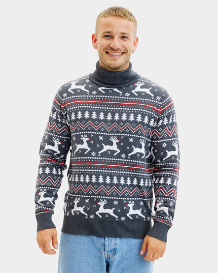 Suéter de Navidad Gris con Cuello Alto para Parejas con Renos