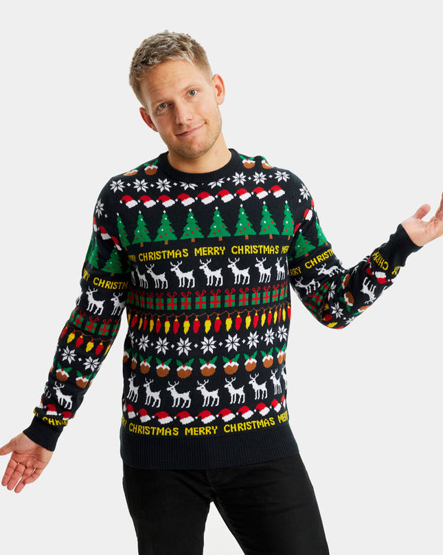 Women's Black Christmas Sweater with Trees and Gifts