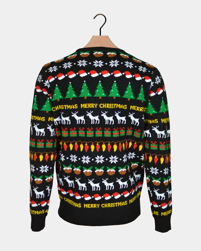 Black Christmas Sweater for Men with Trees, Reindeer, and Gifts