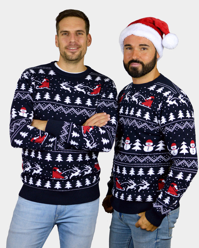 Blue Couples Christmas Sweater with Trees, Snowmen, and Santa