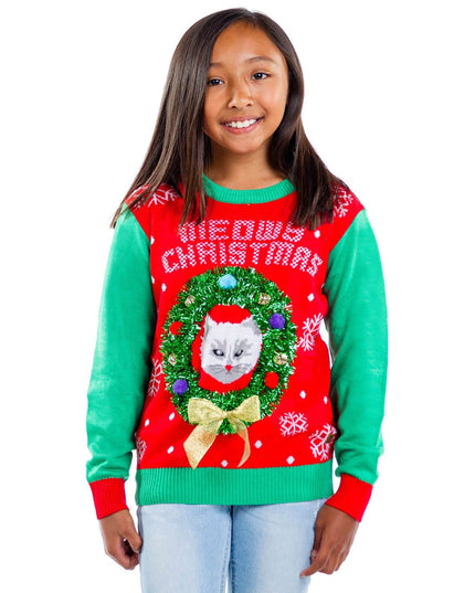 Girl's Cat in Wreath Ugly Christmas Sweater