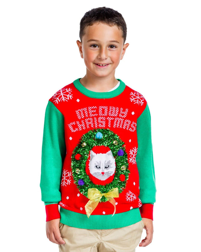 Boy's Cat in Wreath Ugly Christmas Sweater