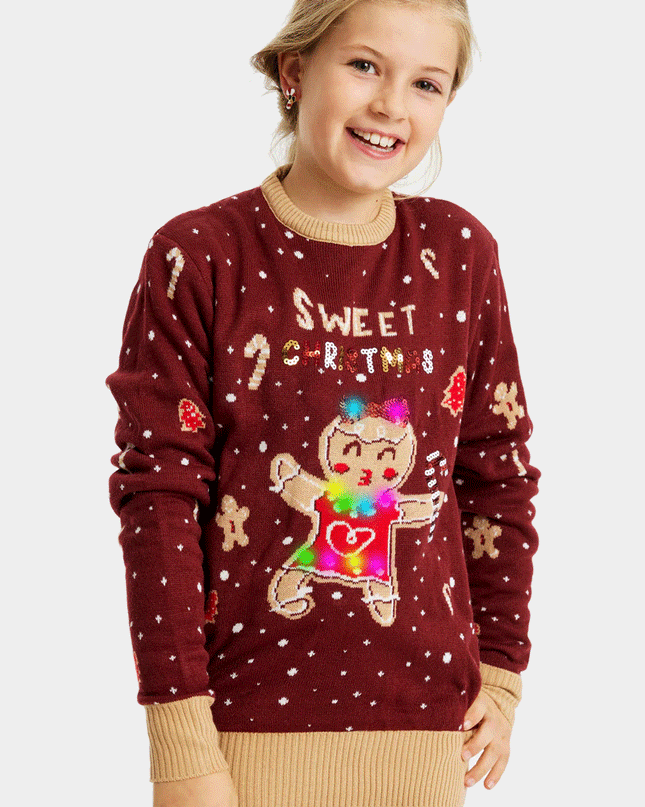 Kids Christmas Sweater Red with Light-Up Gingerbread