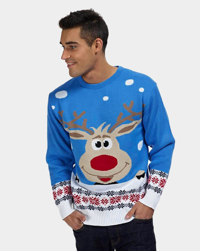 Christmas Sweater for Men Sky Blue with Reindeer and Snow