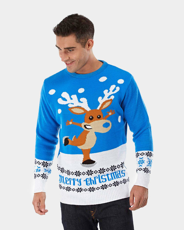 Christmas Sweater for Men Sky Blue with Skating Reindeer
