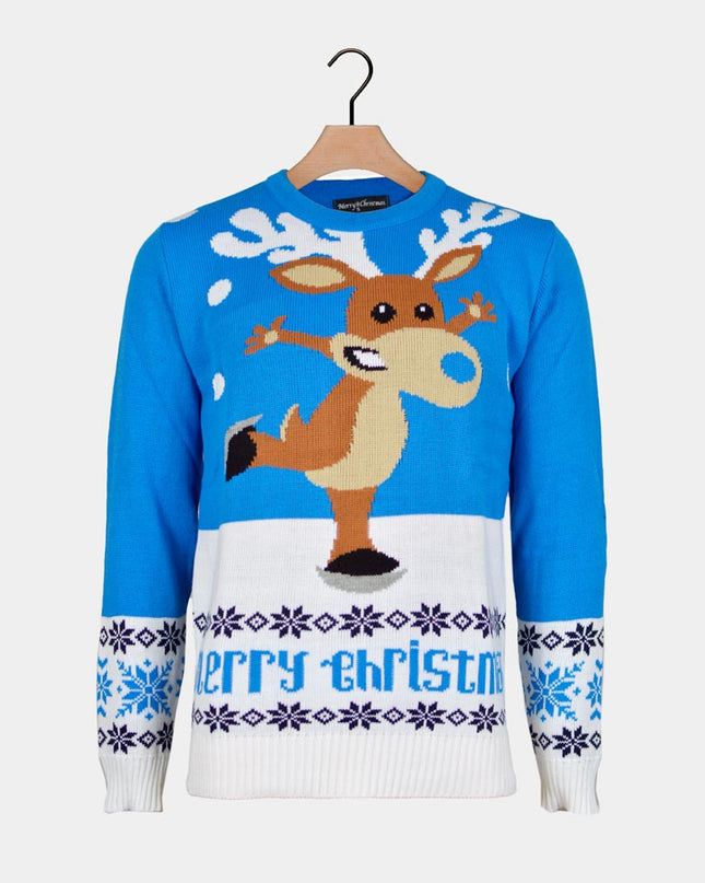 Women's Sky Blue Christmas Sweater with Ice Skating Reindeer