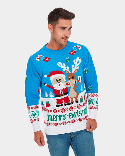 Jersey de Navidad para Hombres Azul Cielo con Rudolph y Santa Claus