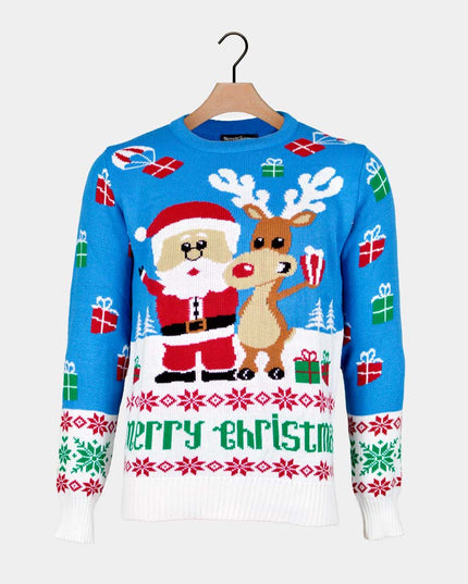 Sky Blue Christmas Sweater for Men with Rudolph and Santa