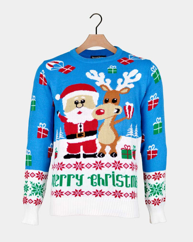 Jersey de Navidad para Hombres Azul Cielo con Rudolph y Santa Claus