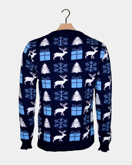 Blue Christmas Sweater for Couples - Reindeer, Gifts, and Trees