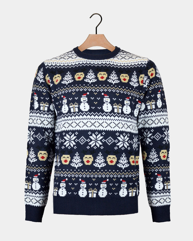 Men's Blue Sweater with Snowmen and Trees