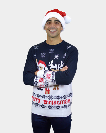 Men's Blue Sweater with Santa and Rudolph