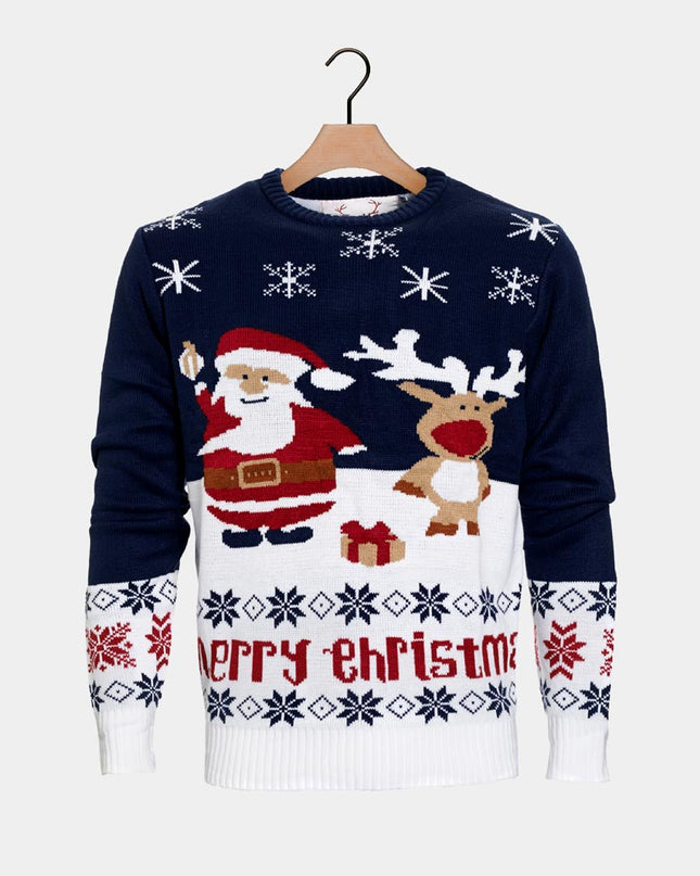 Men's Blue Sweater with Santa and Rudolph