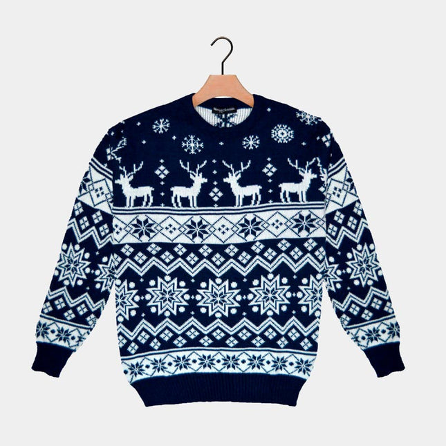 Blue Christmas Sweater with Reindeer and Nordic Star 2022
