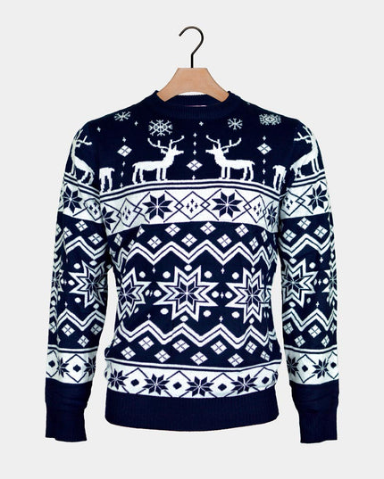 Børns julesweater blå med rensdyr og stjerner