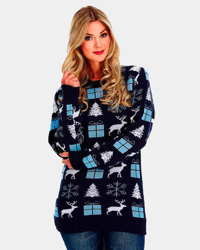 Women's Blue Sweater with Reindeer, Gifts, and Trees
