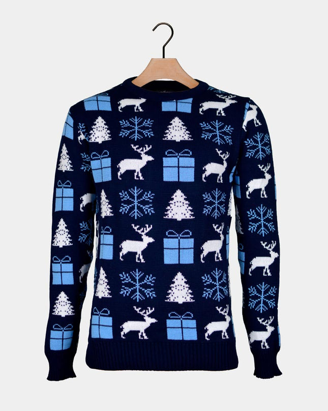 Blue Christmas Sweater for Couples - Reindeer, Gifts, and Trees