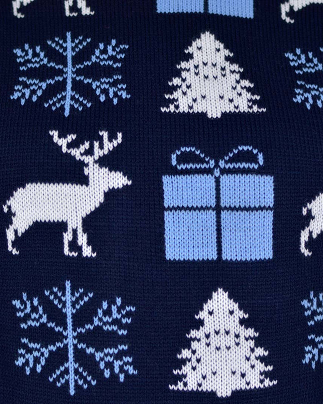 Women's Blue Sweater with Reindeer, Gifts, and Trees