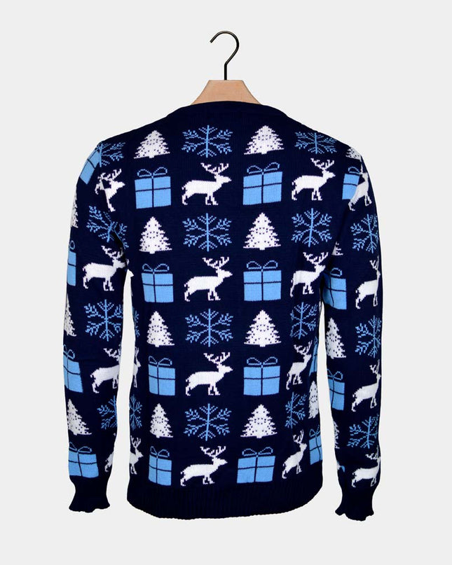 Women's Blue Sweater with Reindeer, Gifts, and Trees