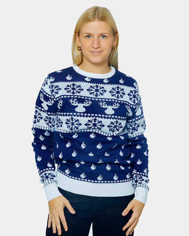 Blue Christmas Sweater with Reindeer and Snow 2023